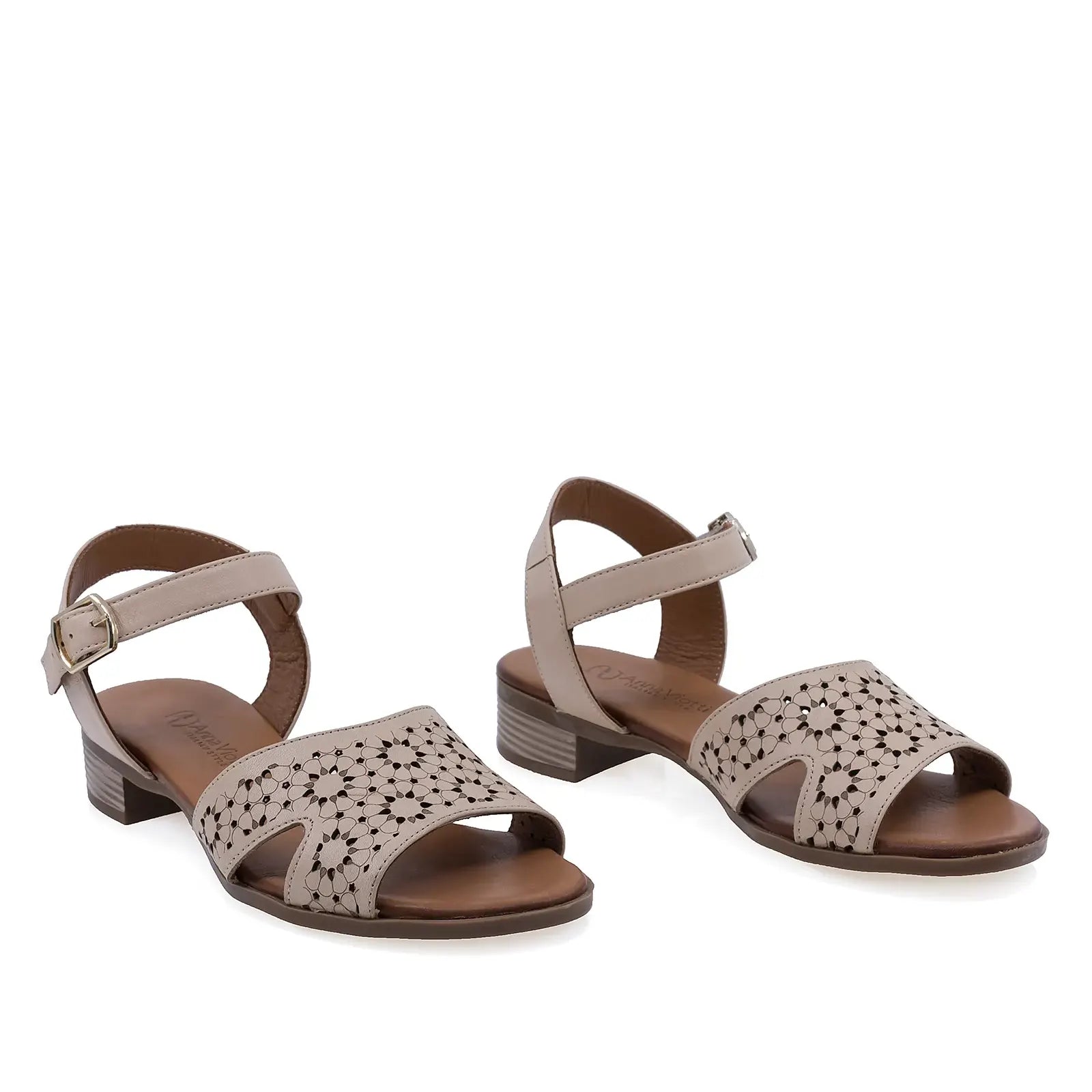 Sandale damă din piele naturală bej Anna Viotti D19-86, model casual-elegant cu toc pătrat de 3 cm