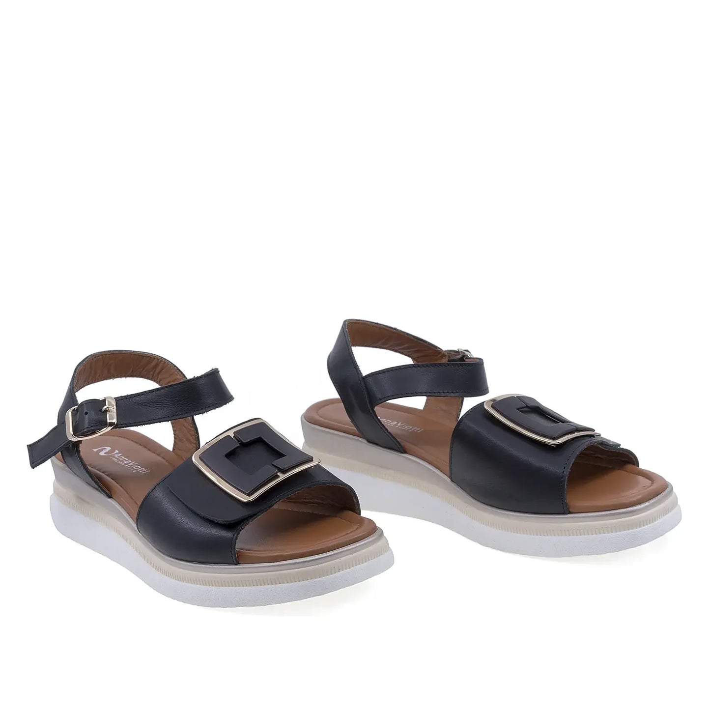 Sandale damă Anna Viotti D22-L1060 negre din piele naturală, cu platformă confortabilă și design casual modern