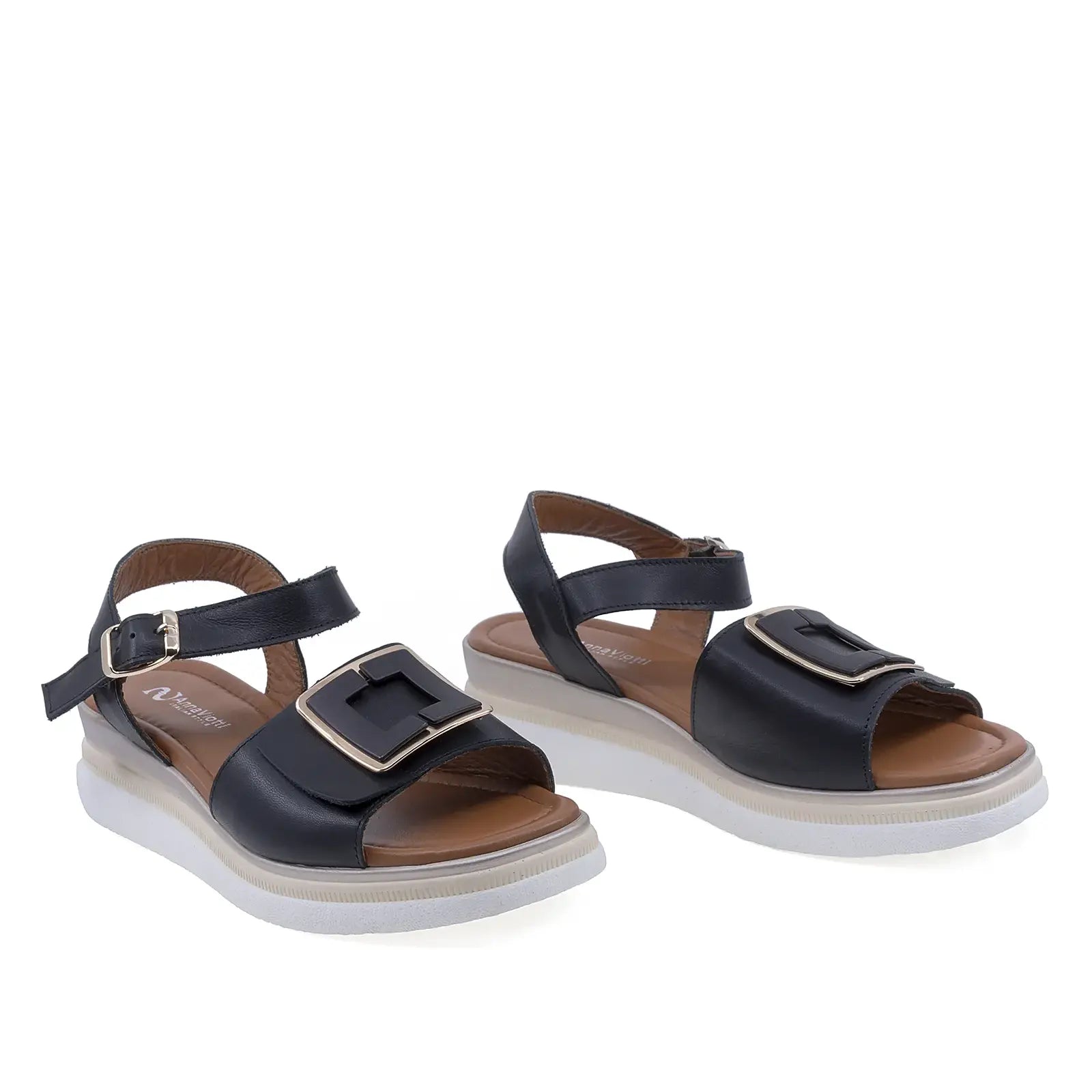 Sandale damă Anna Viotti D22-L1060 negre din piele naturală, cu platformă confortabilă și design casual modern