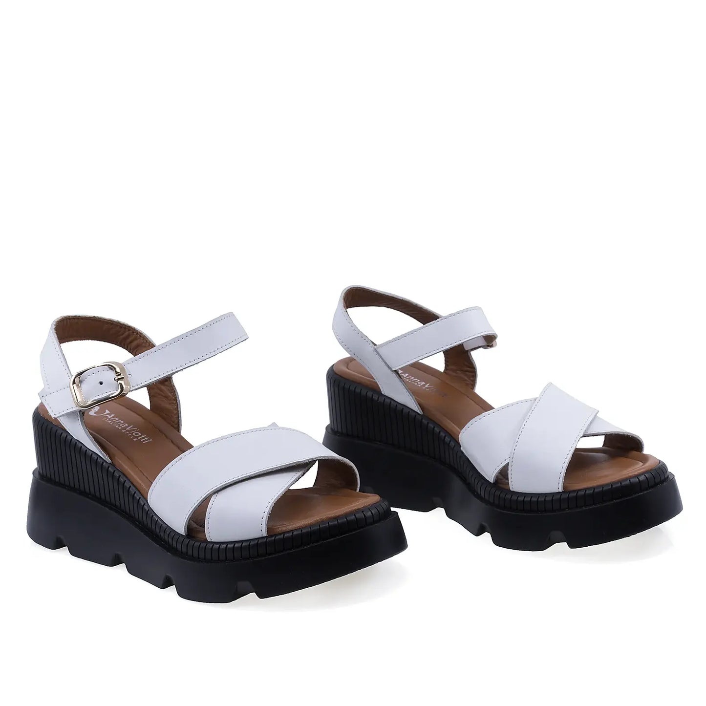 Sandale damă Anna Viotti D22-L1233 albe din piele naturală, cu platformă înaltă și design casual confort