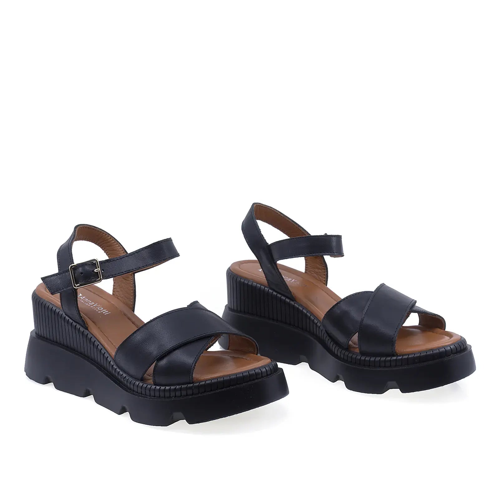Sandale dama Anna Viotti D22-L1233 negre din piele naturala, cu platforma confortabila si design casual modern