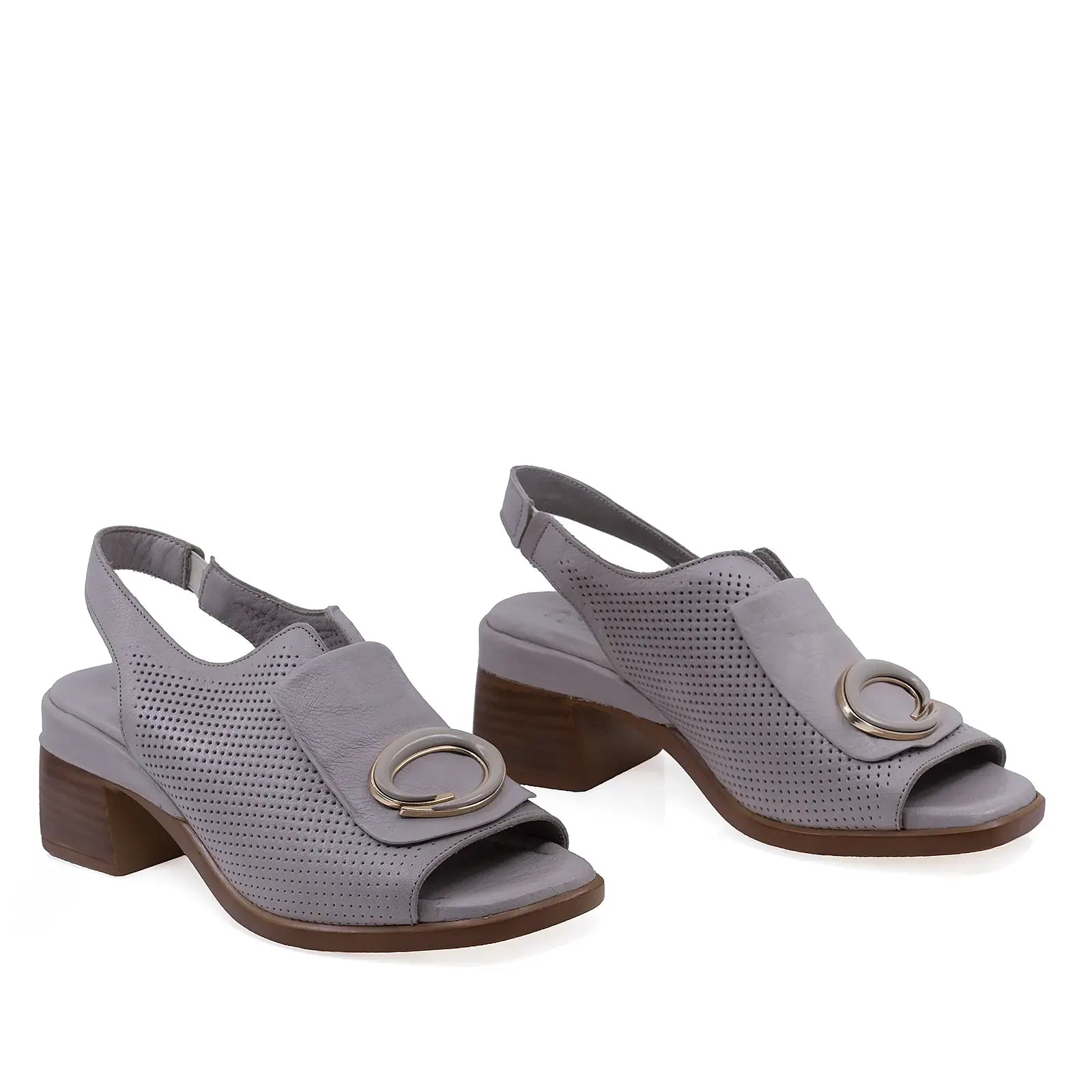 Sandale damă Anna Viotti D22-S502 gri din piele naturală, cu aspect perforat și toc pătrat elegant