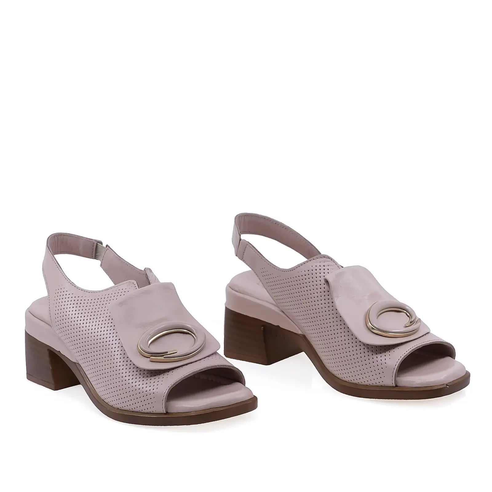 Sandale damă Anna Viotti D22-S502 pudra din piele naturală, cu aspect perforat și toc pătrat confortabil