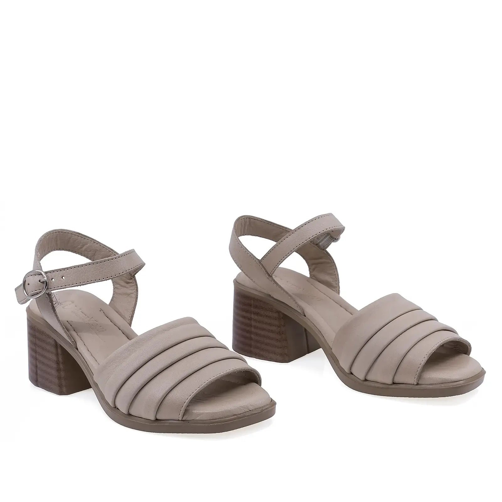 Sandale damă Anna Viotti D22-S510 bej din piele naturală, cu toc pătrat și design casual-elegant
