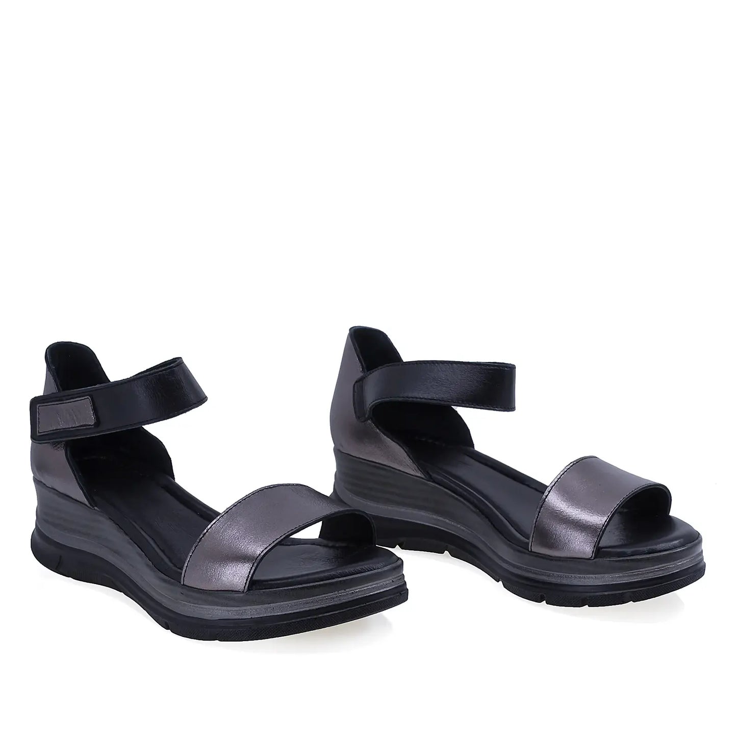 Sandale dama Anna Viotti D22-S574 negru/platin din piele naturala, cu calcai acoperit si design elegant casual
