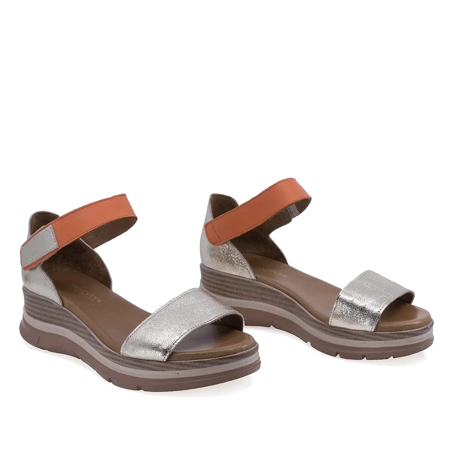Sandale dama Anna Viotti D22-S574 portocaliu argintiu din piele naturala, cu talpa ortopedica si design casual confort