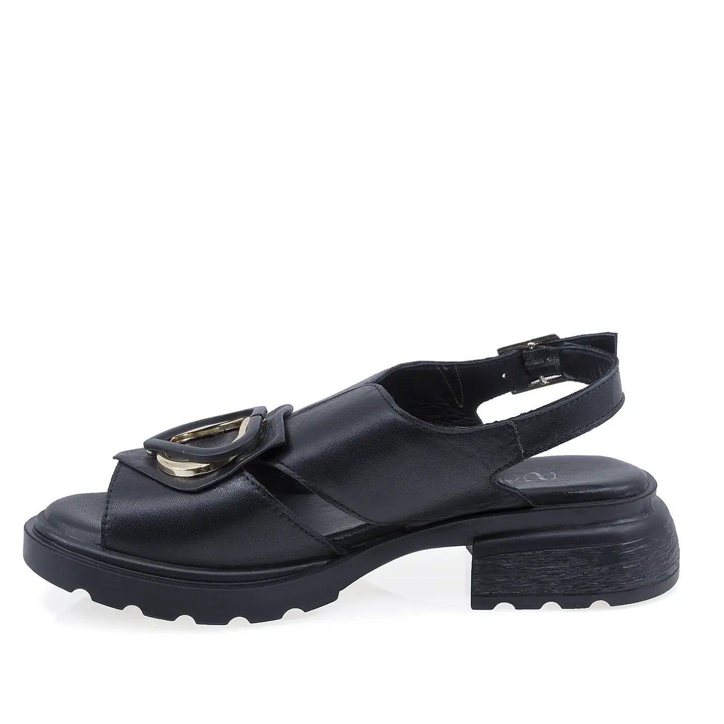 Profil lateral al sandalelor Anna Viotti D22-S639 negre, cu talpă groasă și design confortabil