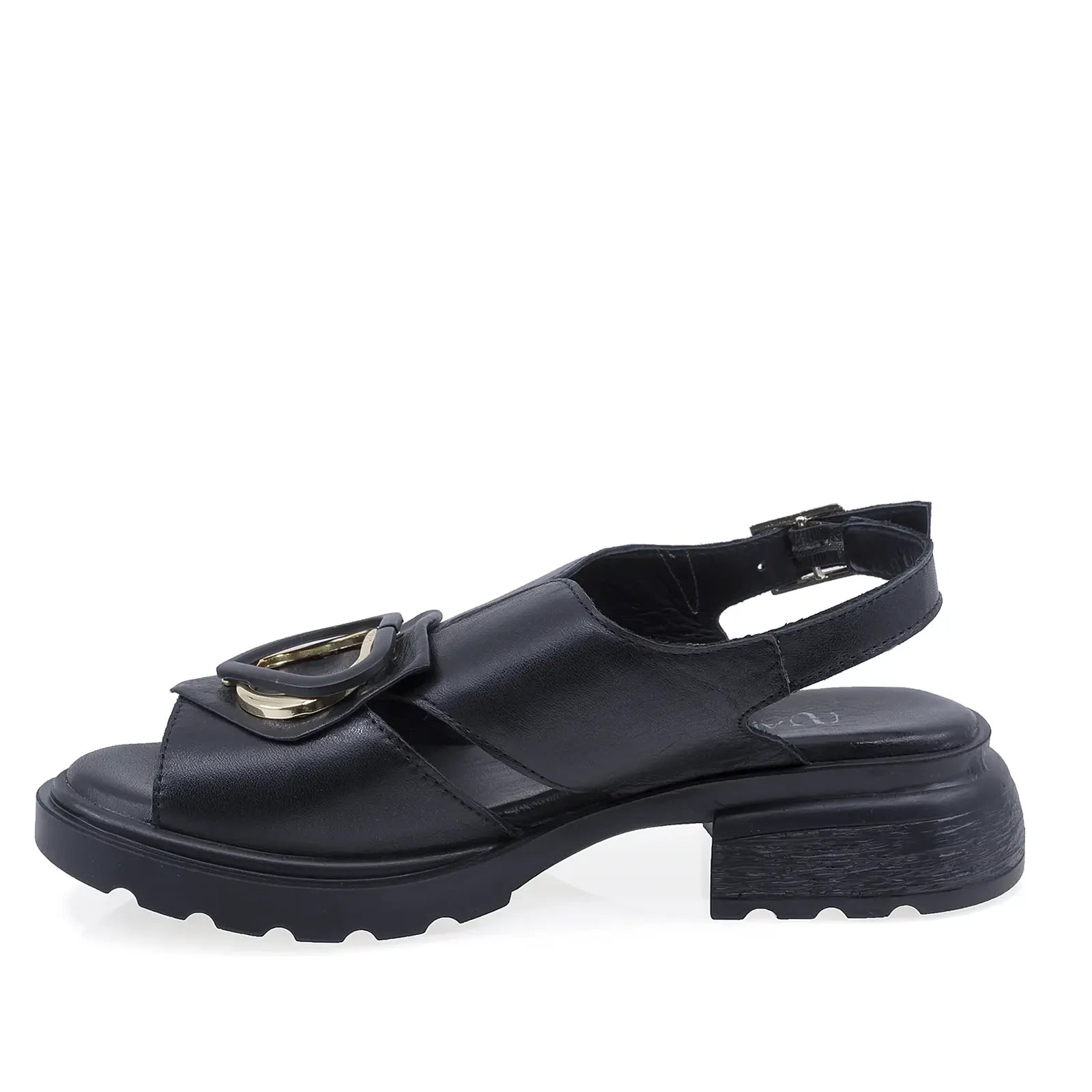 Profil lateral al sandalelor Anna Viotti D22-S639 negre, cu talpă groasă și design confortabil