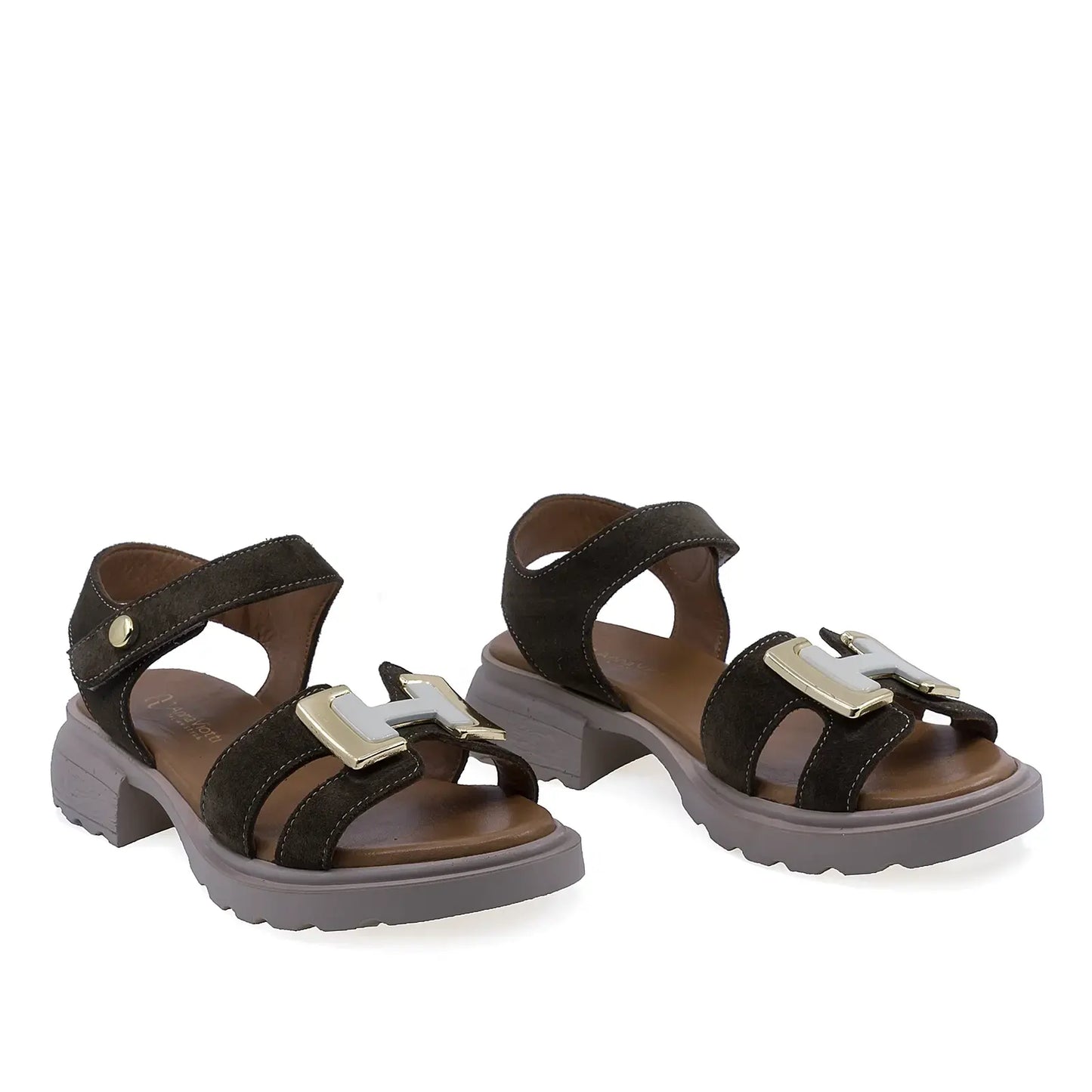 Sandale damă Anna Viotti D22-S640 kaki din piele întoarsă, cu branț fusbet și design casual confort