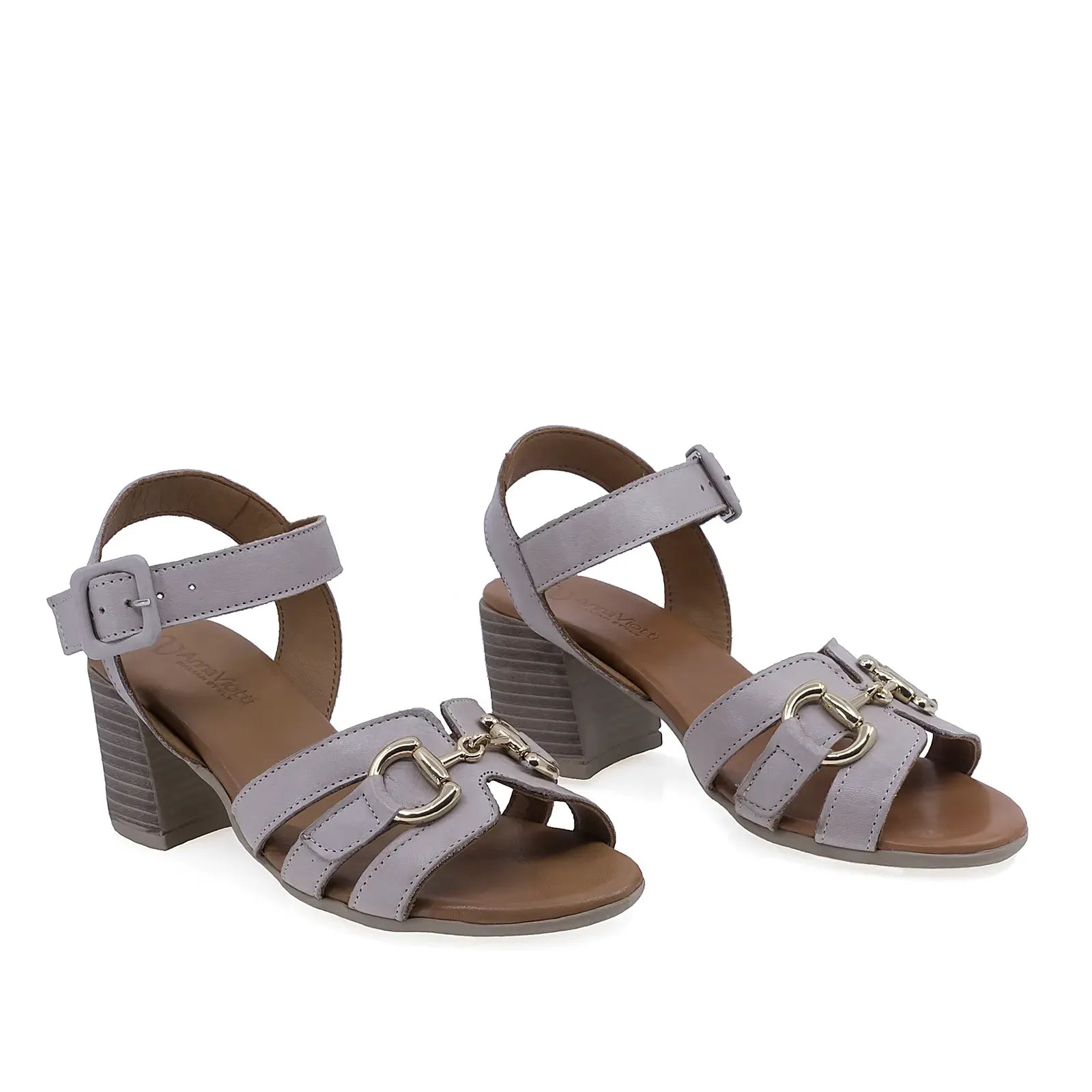 Sandale dama Anna Viotti D58-3034 gri din piele naturala, cu toc patrat de 6 cm si design casual-elegant