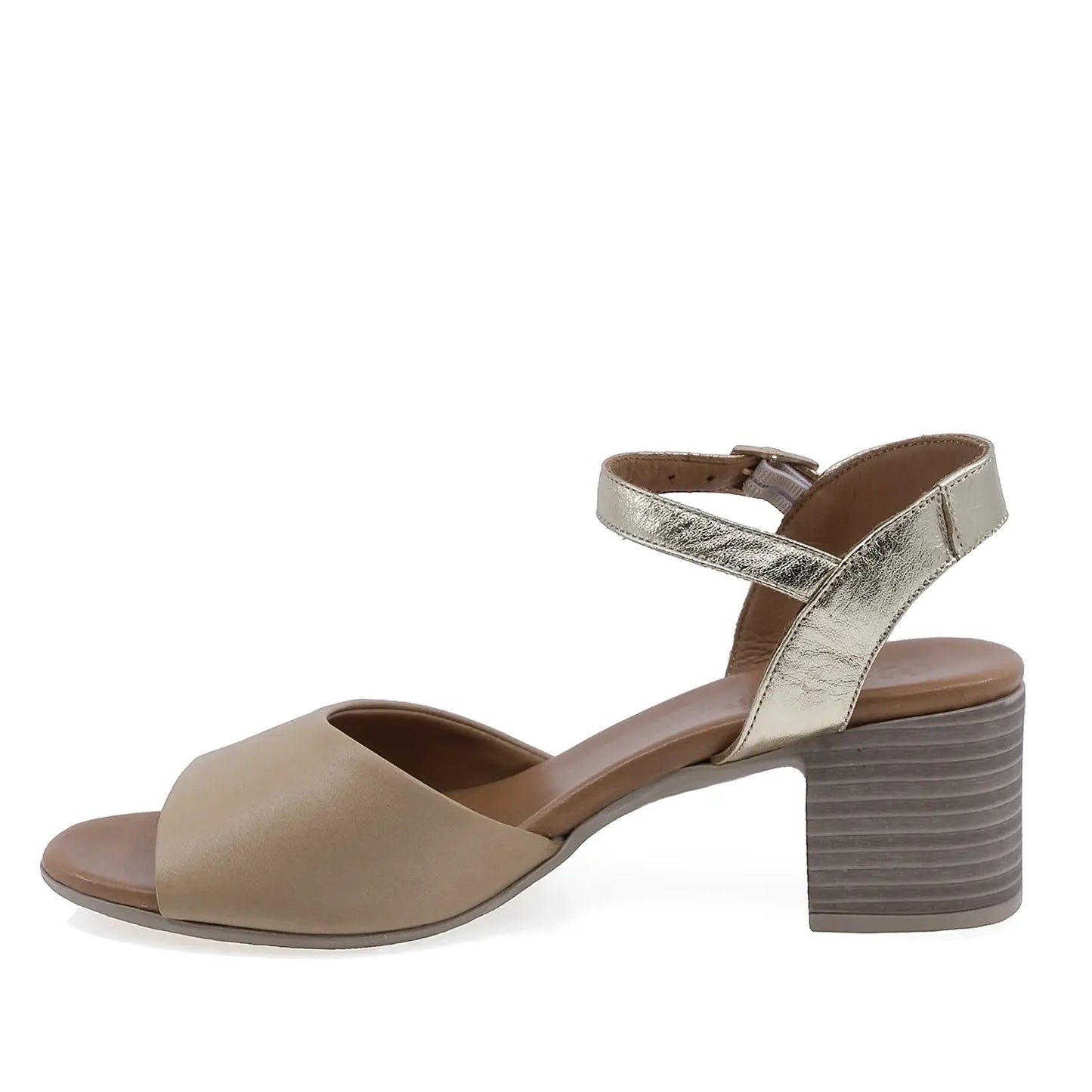Sandale damă Anna Viotti D58-3036 din piele naturală taupe cu detalii aurii, vedere laterală stângă