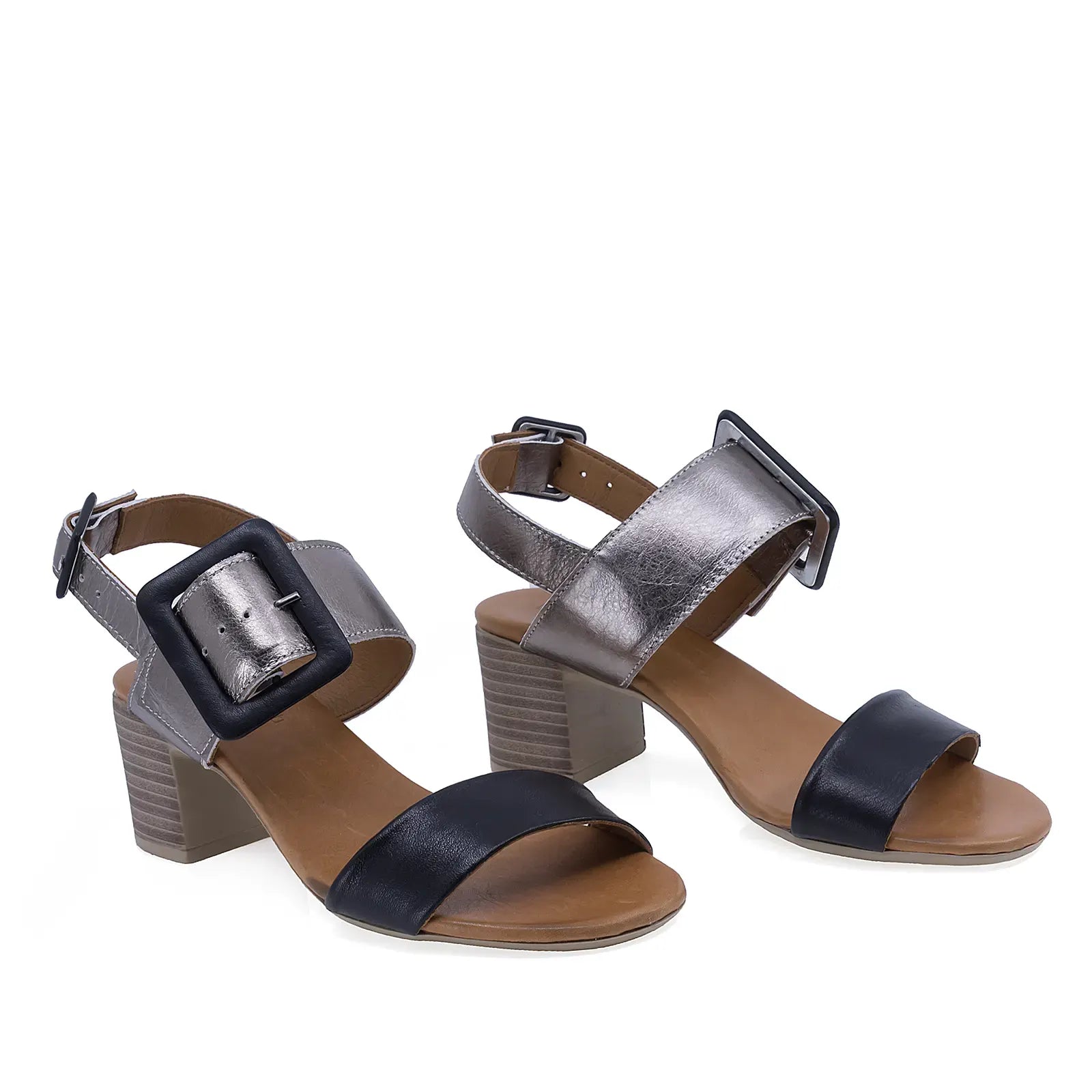 Sandale dama Anna Viotti D58-3037 negre din piele naturala, cu toc gros de 6 cm si design casual-elegant