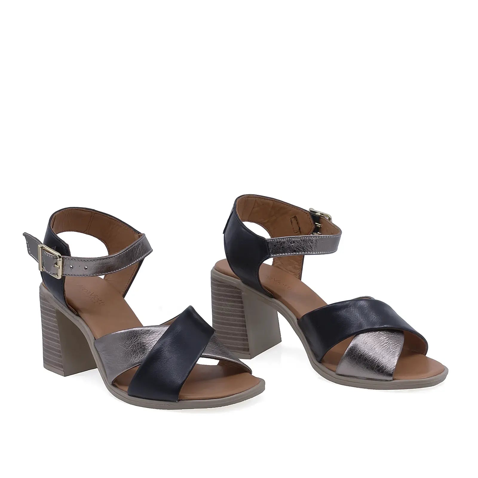 Sandale dama Anna Viotti D58-3039 negru argintiu din piele naturala, model casual-elegant cu toc patrat confortabil