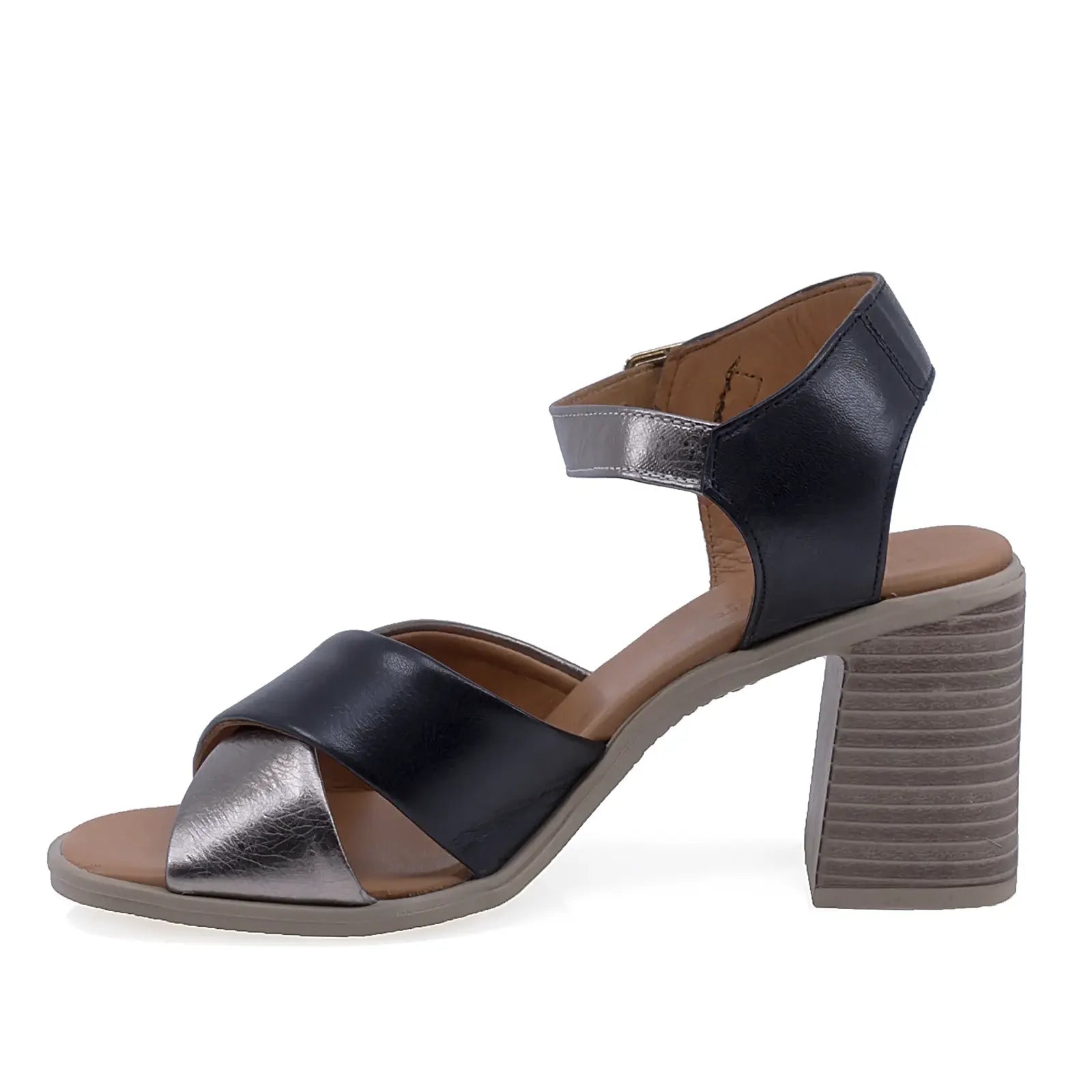 Sandale dama din piele naturala Anna Viotti D58-3039 negru argintiu, cu toc stabil si aspect rafinat