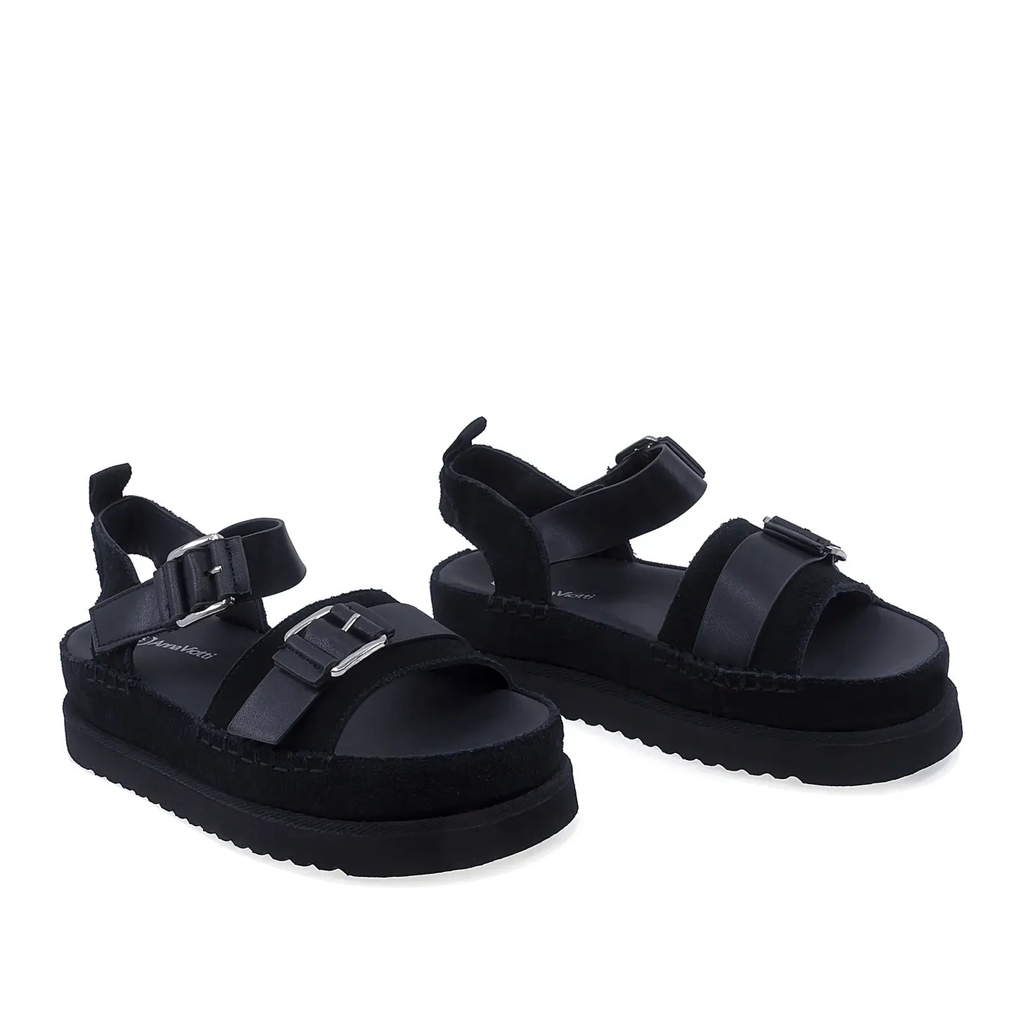 Sandale dama casual Anna Viotti D113-OWS002-1 piele intoarsa negre vedere din fata stil urban modern