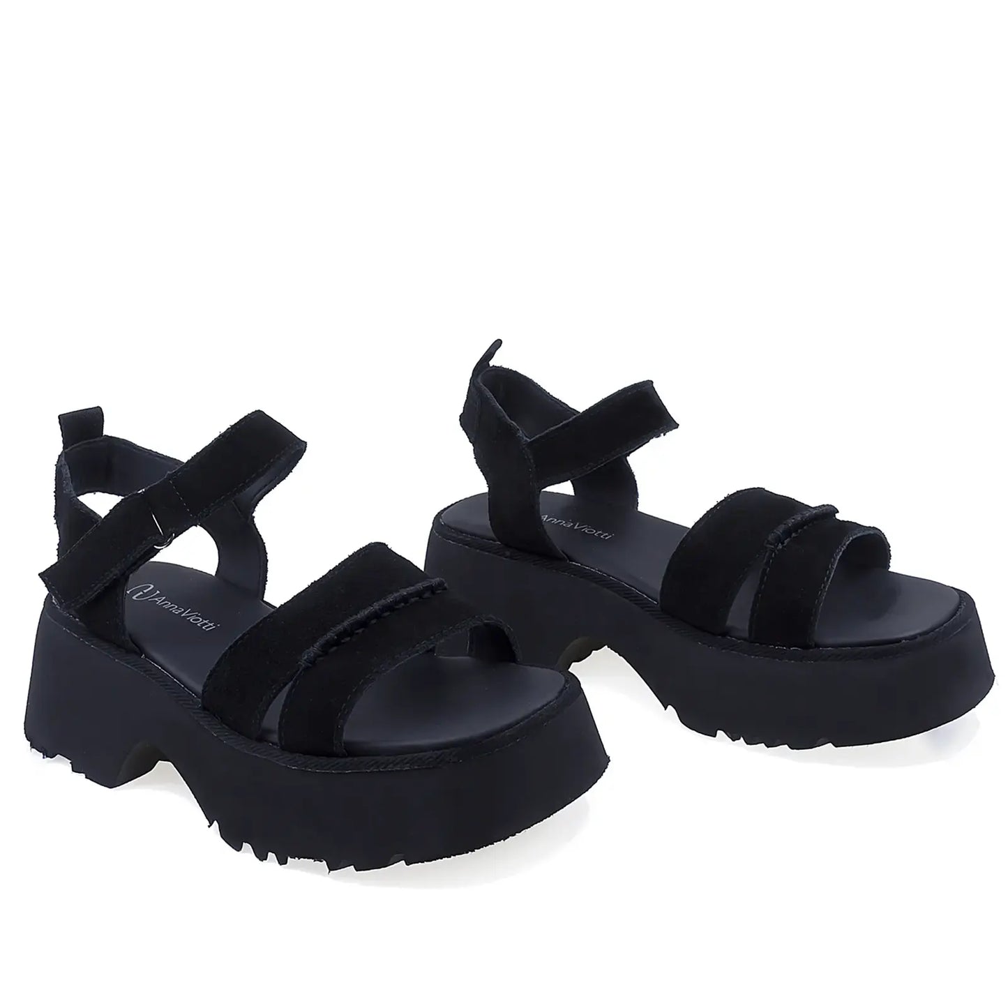 Sandale dama casual Anna Viotti D113-OWS003-1 piele naturala nabuc neagra vedere din fata design modern