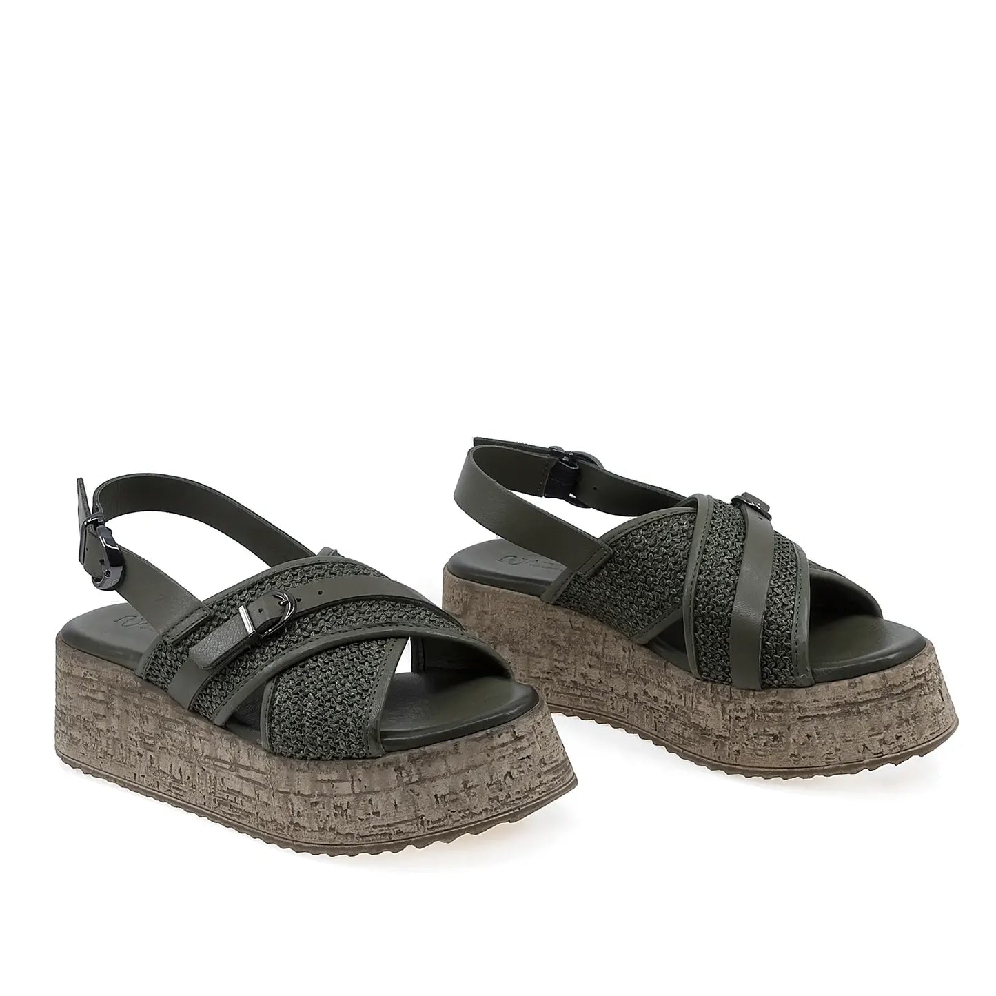 Sandale dama casual Anna Viotti D58-7004 din piele naturala kaki vedere din fata cu platforma confortabila