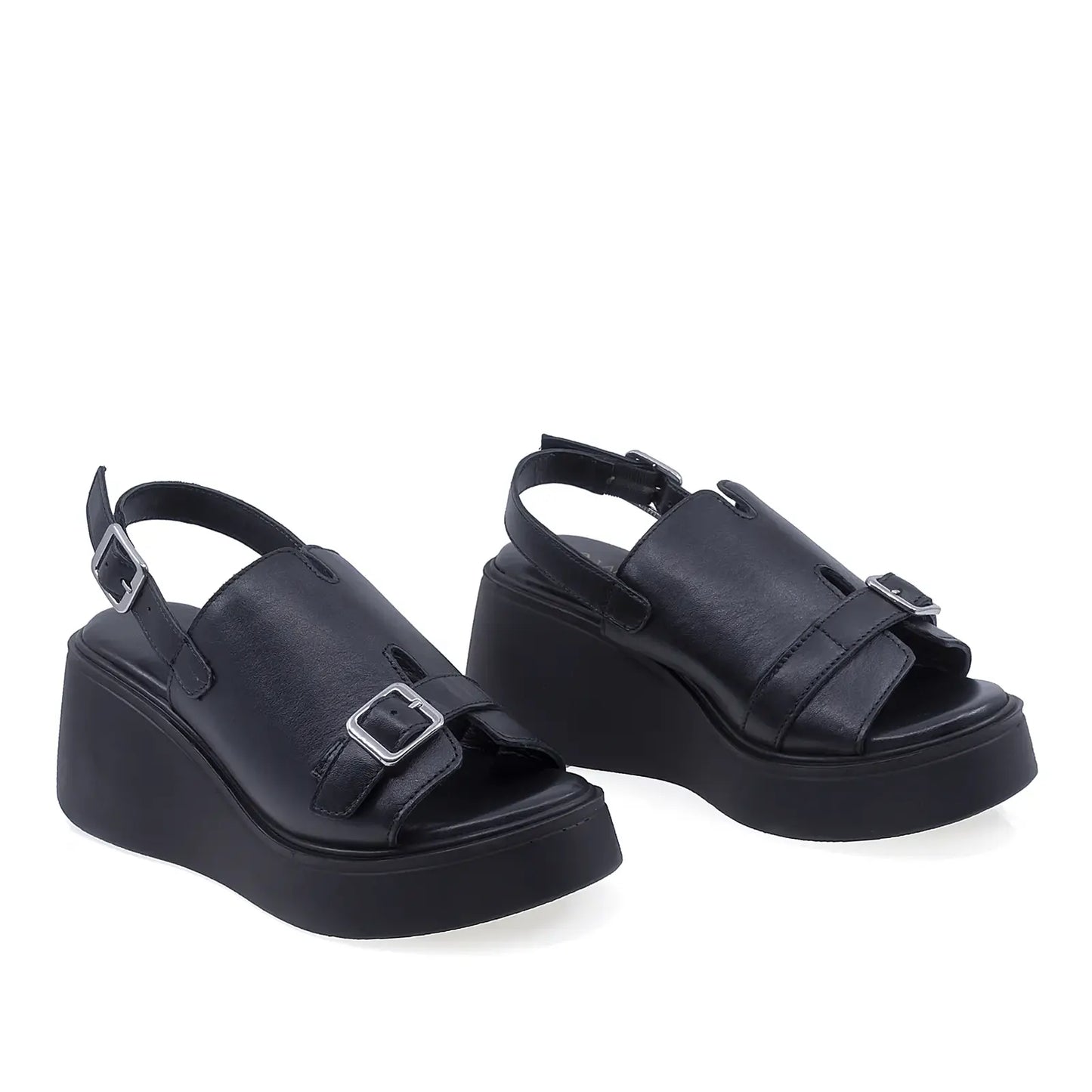 Sandale dama casual Anna Viotti D202-82377 din piele naturala neagra vedere din fata cu platforma confortabila