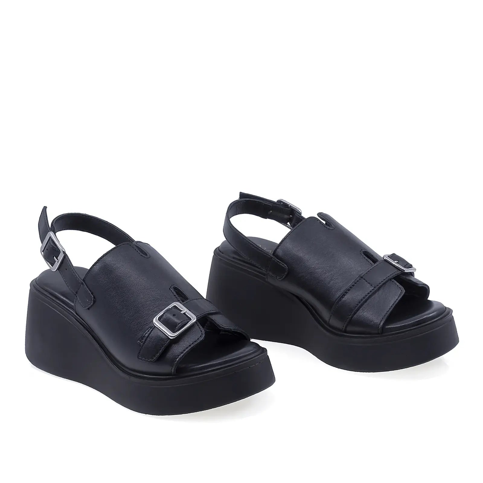 Sandale dama casual Anna Viotti D202-82377 din piele naturala neagra vedere din fata cu platforma confortabila