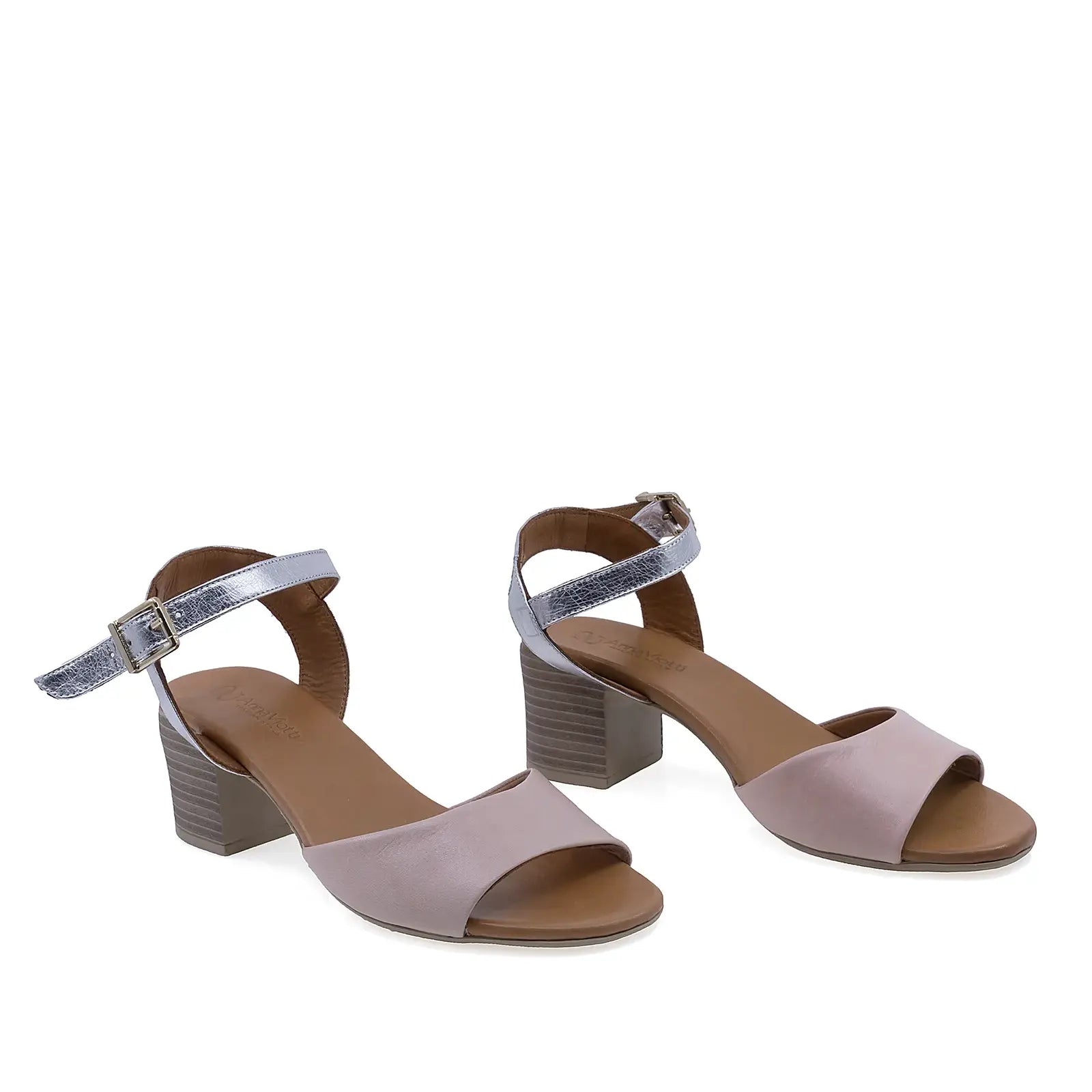 Sandale dama casual Anna Viotti D58-3036 din piele naturala pudra argintiu vedere din fata cu toc de 6 cm