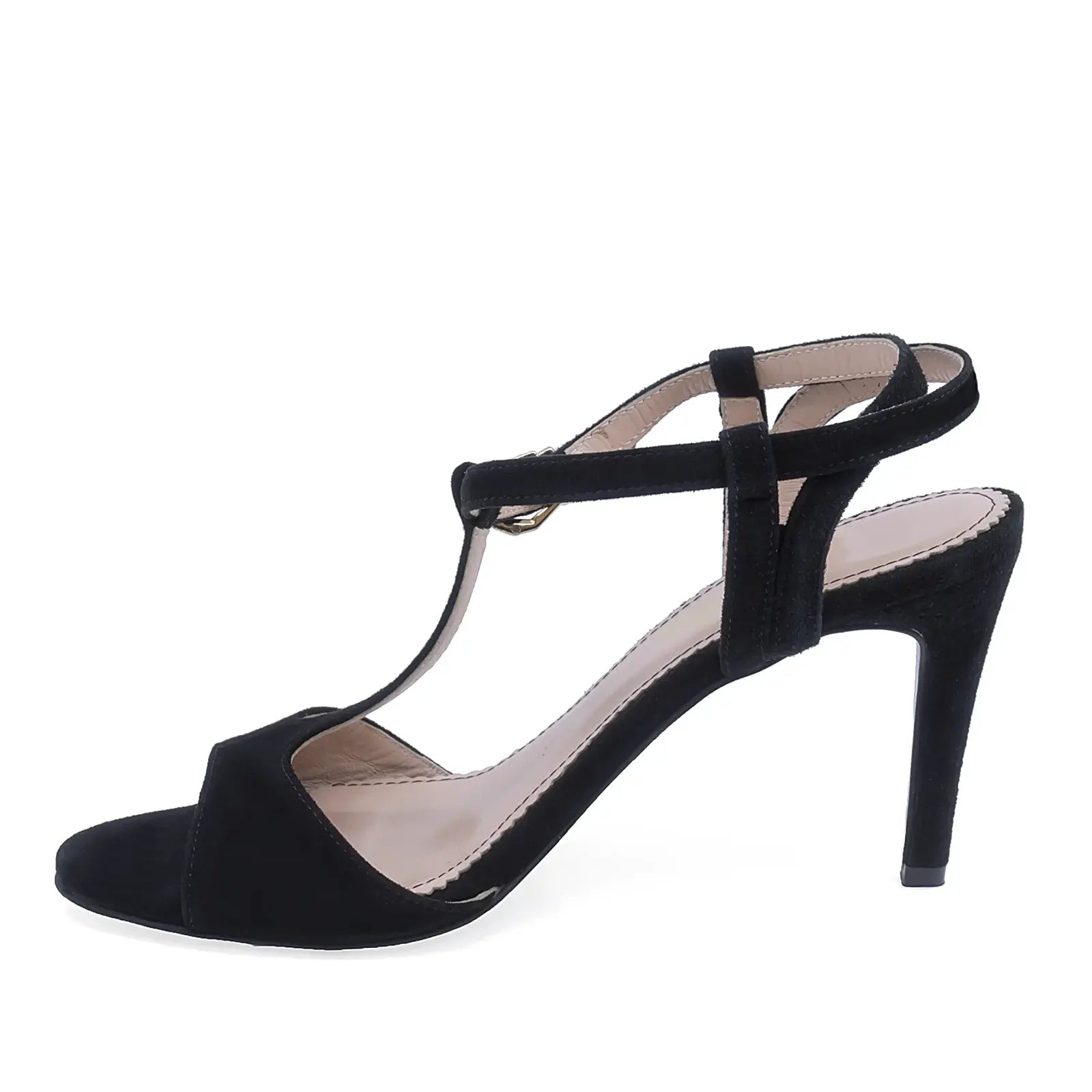 Sandale damă negre elegante Guban D3229, piele întoarsă, toc înalt 9 cm, vedere lateral stânga