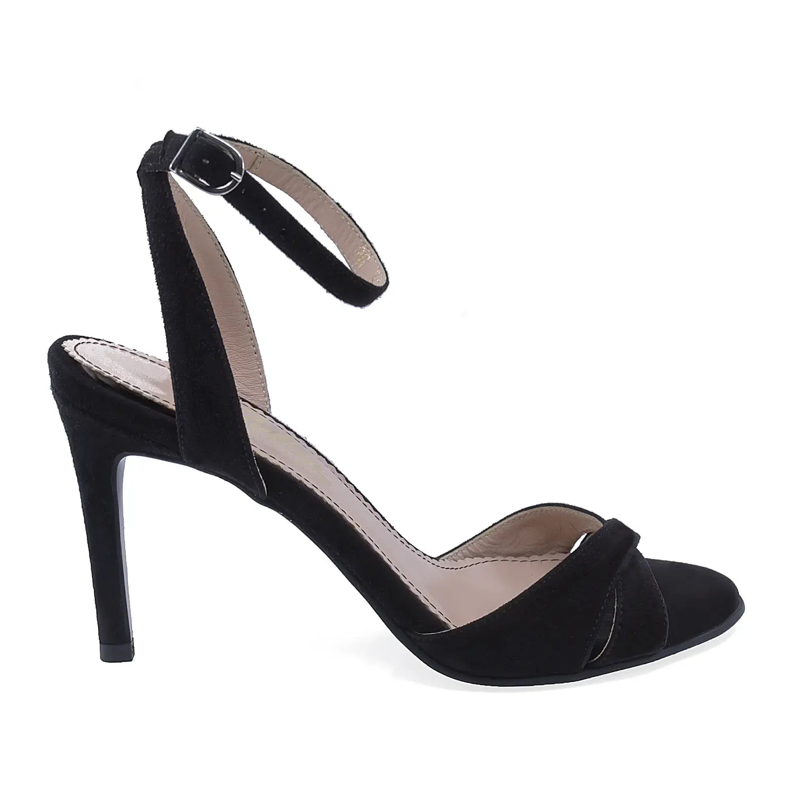 Sandale damă elegante Guban D1389 negre din piele întoarsă, vedere lateral dreapta, toc subțire 9 cm